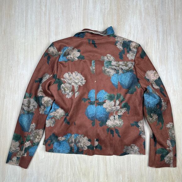 Elie Tahari Faux Leather Brown Hydrangea Floral Print Boho Chic Moto Jacket XL - Picture 7 of 16